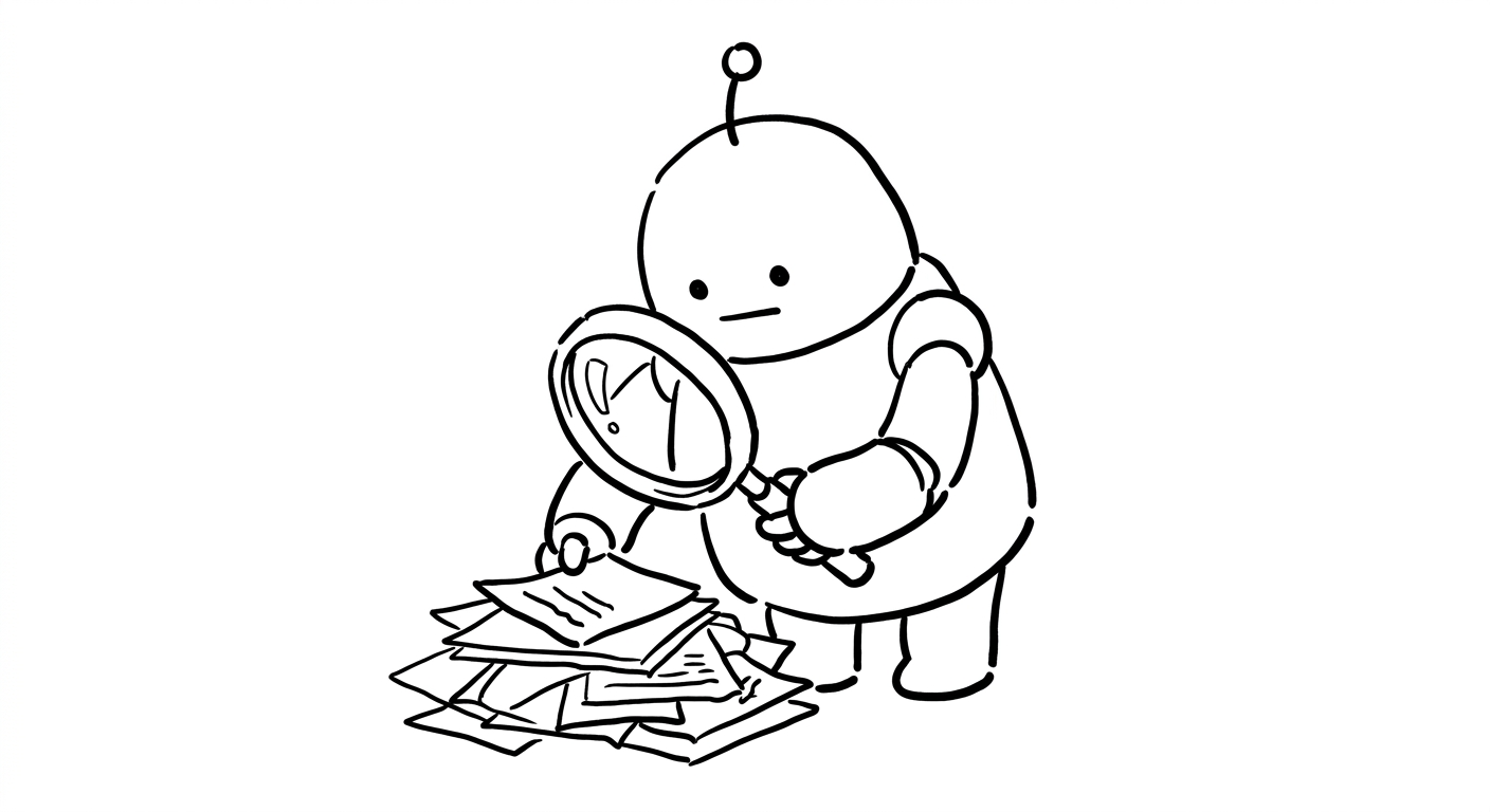 虫眼鏡で書類を調べるロボット